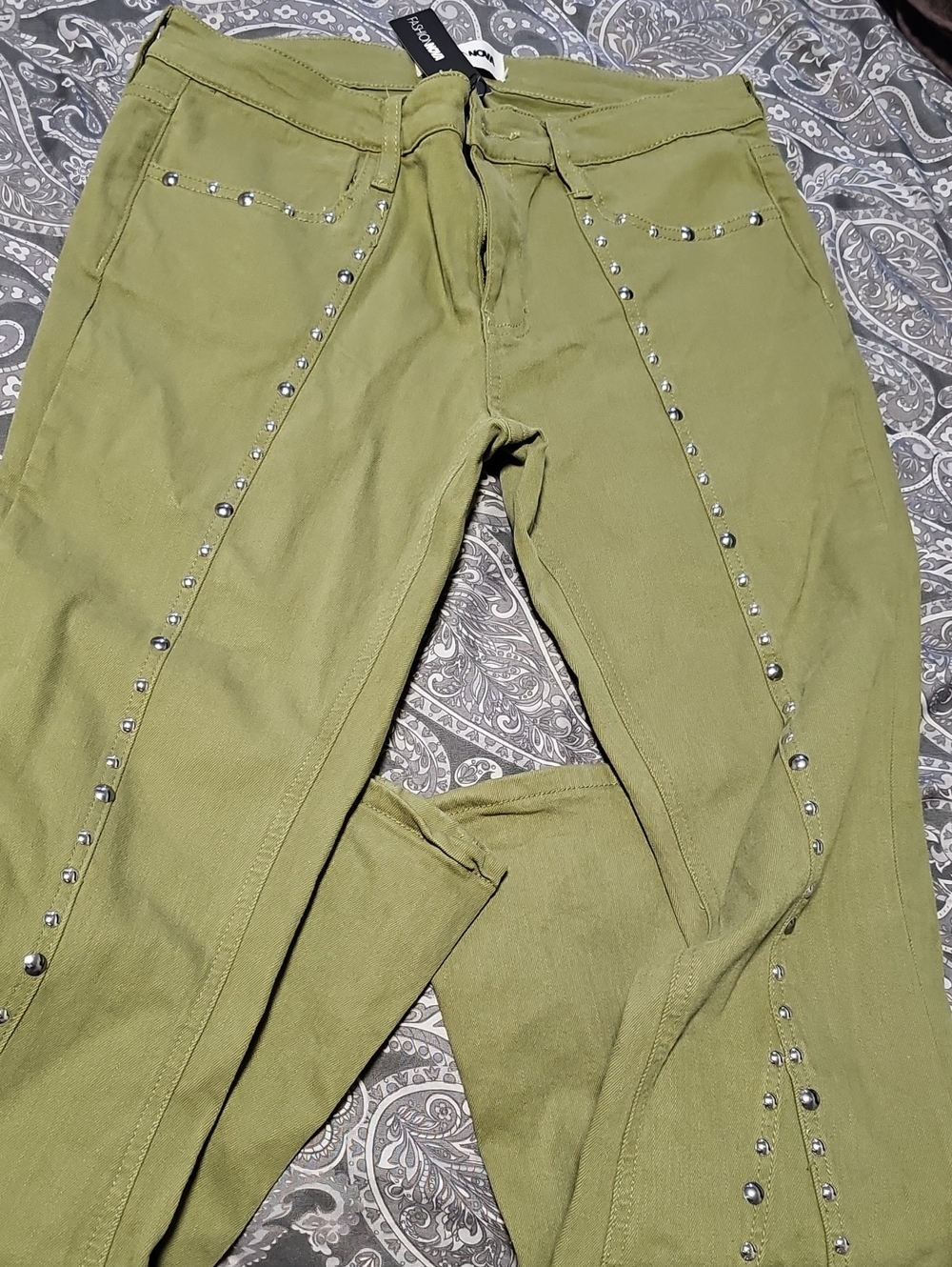 Olive Green Studded Skinny Jeans